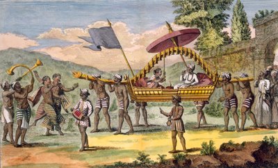 Pasgetrouwd stel wordt meegenomen voor een wandeling in een draagstoel met muzikanten die begeleiden, illustratie uit 